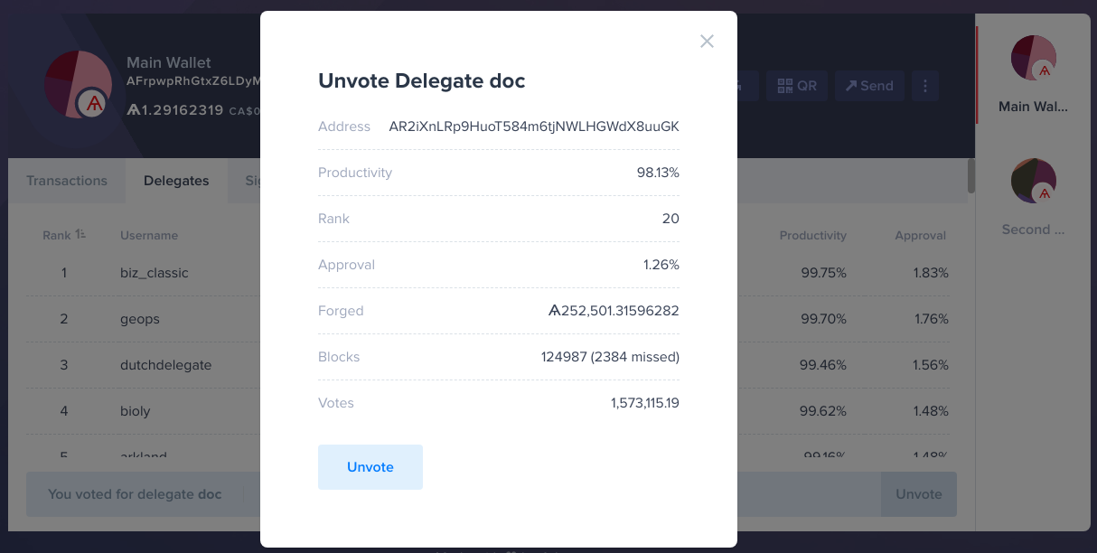 Review the delegate’s stats and click the Unvote button