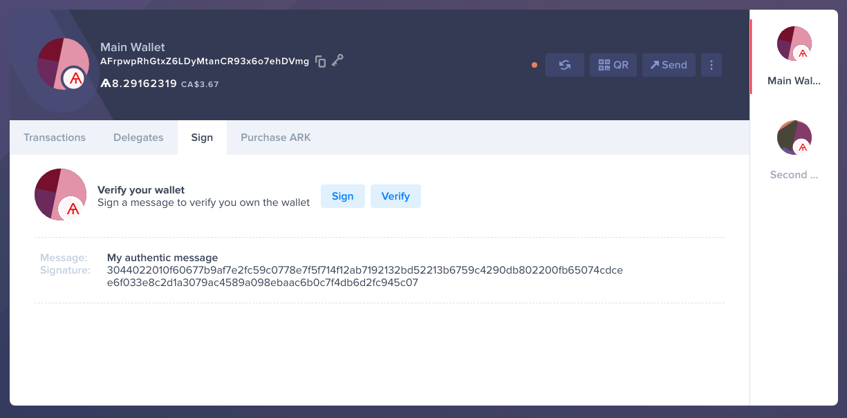 Your signed message will appear under the Sign tab of the wallet detail page