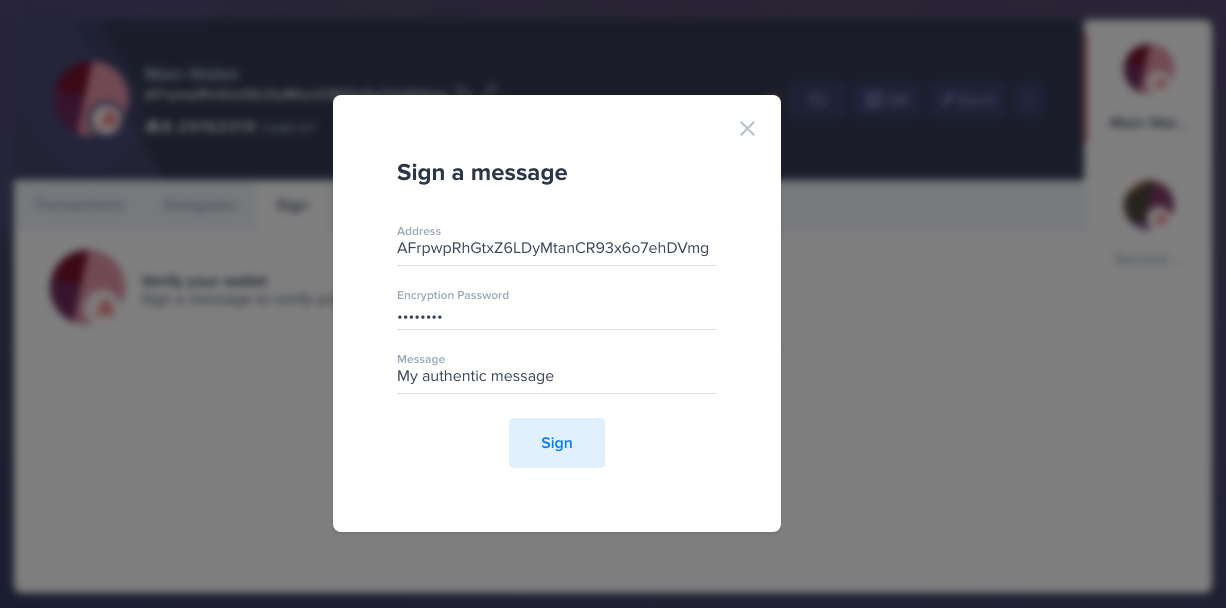 Input your security details and the message to sign, then click Sign