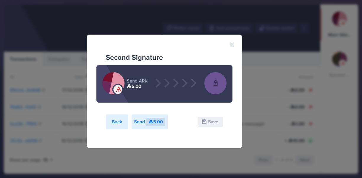 Verify the second signature transaction details and Submit, Cancel or Save it by clicking either Send, Back or Save