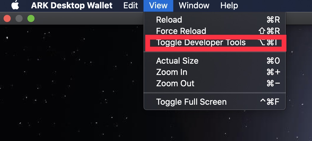 Dev tools can be opened by selecting ‘Toggle Dev Tools’ from the “View” drop-down menu.